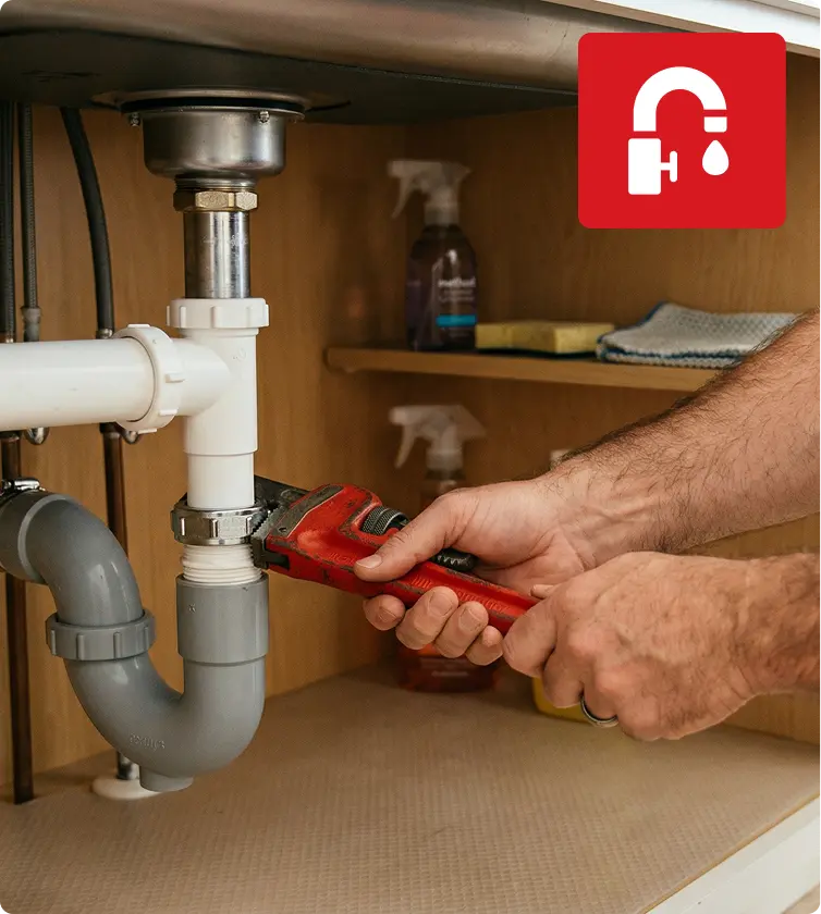 Plumber Fixing Under Sink Pipe With Wrench At Southwest Florida