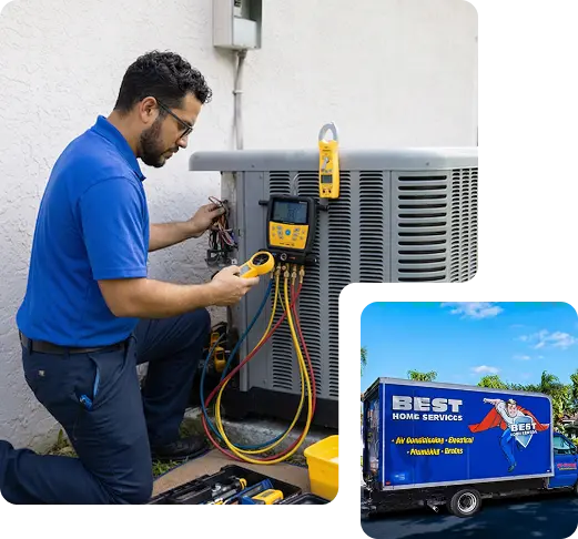 Best Home Services AC Technician Servicing Condenser Unit At Southwest Florida